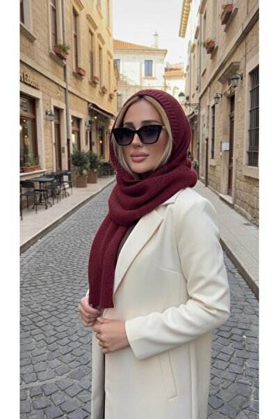 moimaaksesuar Women's Burgundy Hooded Knitwear Scarf Soft Textured Long Shawl