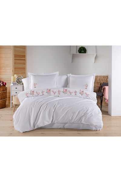 Hobby In de pat din poplin de bumbac pentru 2 persoane - Broderie Ophelia Beyaz