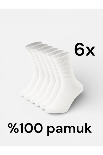 Bilal Çınar Tekstil 100% Cotton White Socket Tennis-Long Socks Unisex 6 Pairs