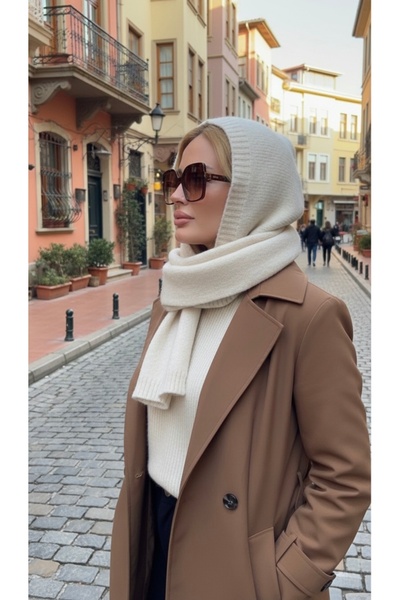 moimaaksesuar Women's Beige Hooded Knitwear Scarf Soft Textured Long Shawl