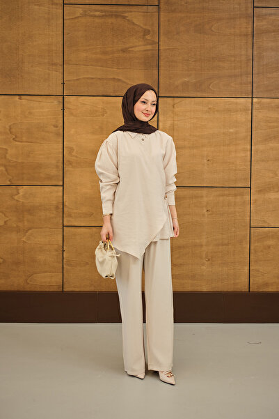 LOCCO Women's Gold Button Detailed Modal Suit with Trousers - Cream