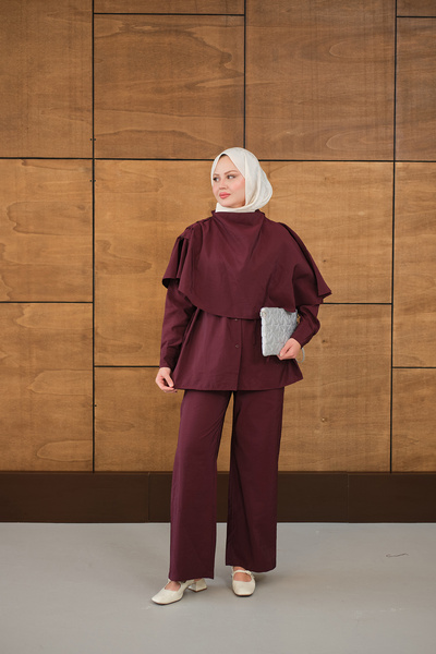 LOCCO Women's Shawl Detailed Waist Tie Shirt Suit Burgundy