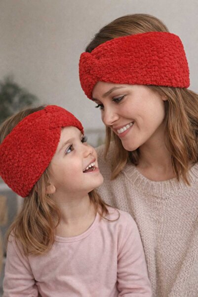 HobiDünyasıElif Mother and Daughter Hand-Knitted Velvet Bandana Set