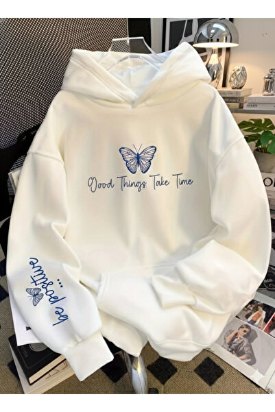 NİCE Unisex Kelebek baskılı 3 İplik Kapüşonlu Sweatshirt