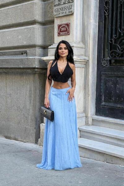 MAESTRO WOMAN Γυναικεία φούστα Baby Blue με ψηλόμεσο φερμουάρ και ραφές Modal