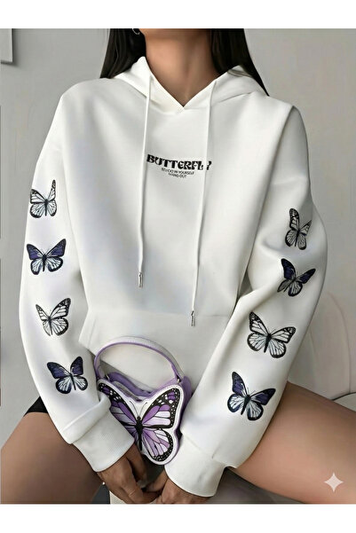 NİCE Kadın Kelebek Mimimal Baskılı Beyaz Hoodie
