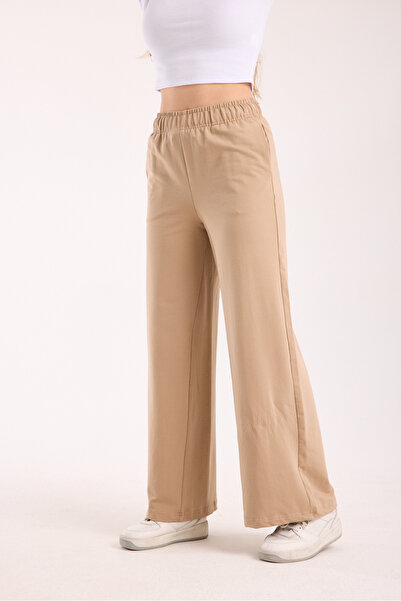 HDM Kadın Bej Yüksek Bel Geniş Paça Rahat Kalıp Basic Günlük Eşofman Altı - H...
