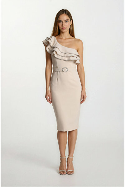 Spazio Cleonte Tek Omuz Fırfırlı Kemerli Kısa Abiye Elbise BEJ