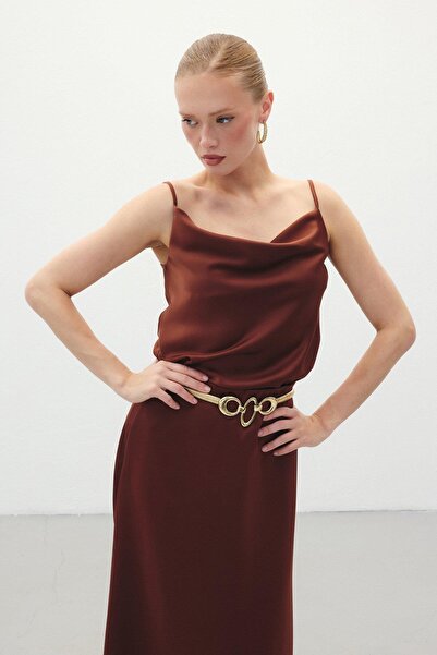 CKM MODA Glow Degaje Collar Satin Blouse Brown