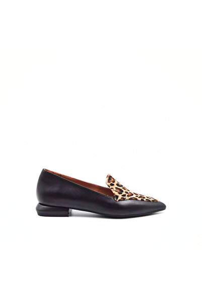 Folle Fole Genuine Leather Black Leopard Detailed Women's Loafer