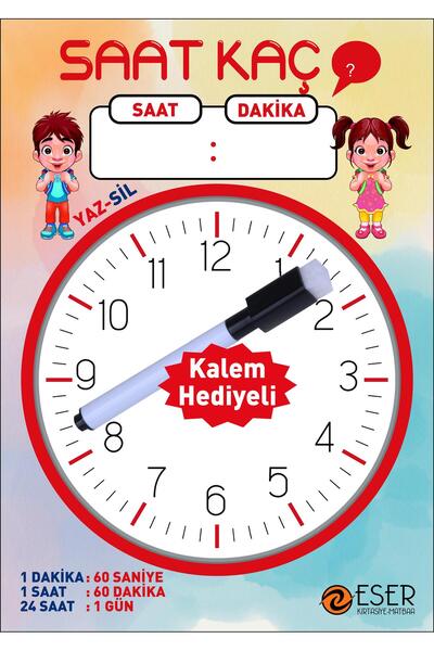Kids Like Çocuklar için Saat Öğrenme PVC Kaplamalı Yazılıp Silinebilen Saat E...