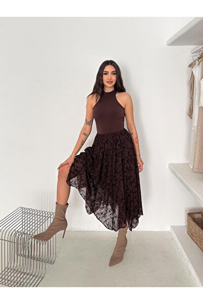 CKM MODA Evelyn Asymmetric Flocked Midi Brown