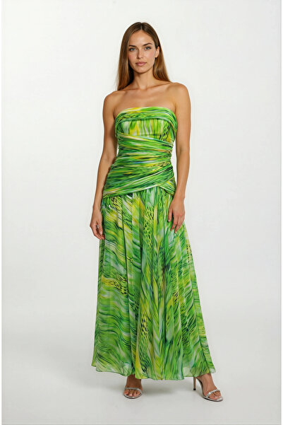 Spazio Degna Straplez Yaka Göğüs Piliseli Uzun Abiye Elbise YEŞİL