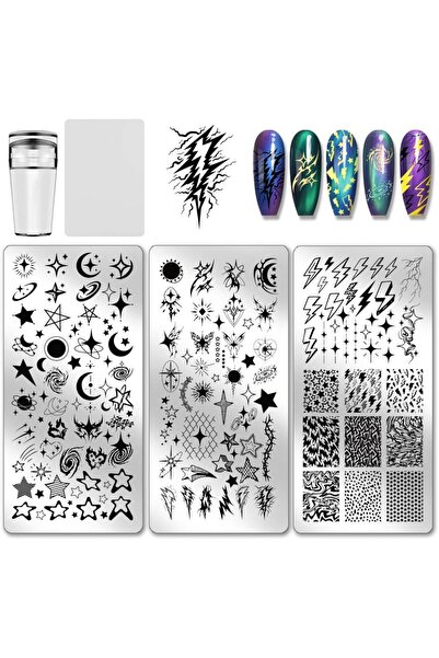 Choice AECH011-01881 3pcs Moon Star Nail Stamping Plates Lightning Patterns N...