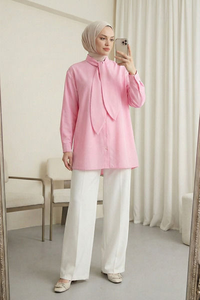 MODAQU Scarf-Buttoned Oversize Shirt - Pink