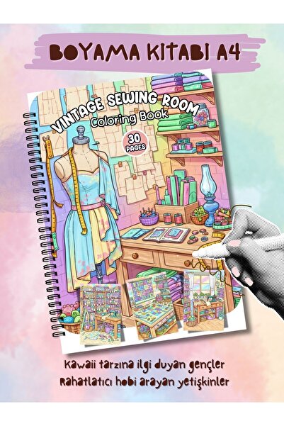 deniz9 Vintage Sewing Room Boyama Kitabı - 30 Sayfa Kawaii Tasarımlar