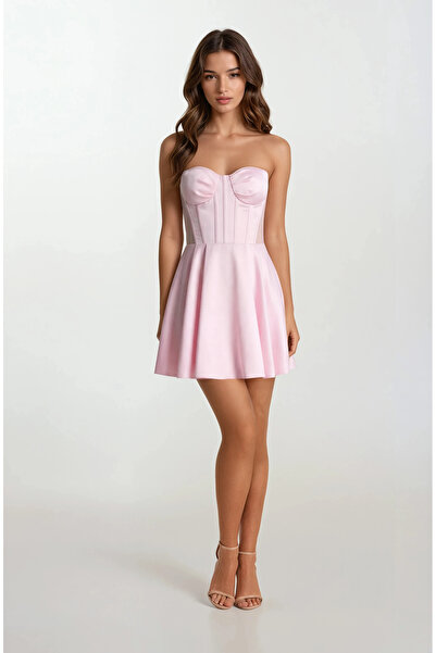 Spazio Orizio Straplez Yaka Sırt Çarpraz Bağlamalı Kısa Abiye Elbise PEMBE