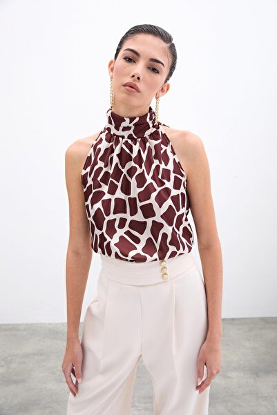 CKM MODA Zafira High Neck Sleeveless Satin Blouse Beige Brown