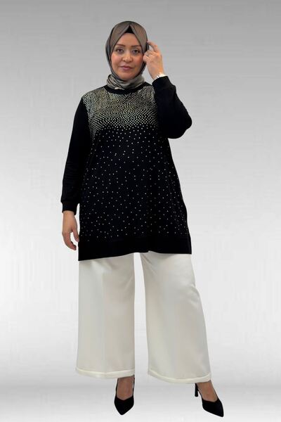 Eslina 68011 Plus Size Combed Cotton Tunic with Stone Detail on the Front - B...