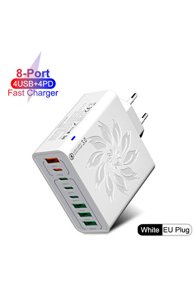 Choice شاحن جداري أبيض اللون بقوة 65 واط مزود بـ 8 منافذ USB من النوع C، يدعم...