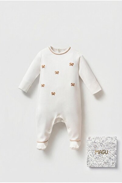 Magu بدلة أطفال قطنية مطرزة باللون البيج للجنسين - بأكمام طويلة وأزرار كبس