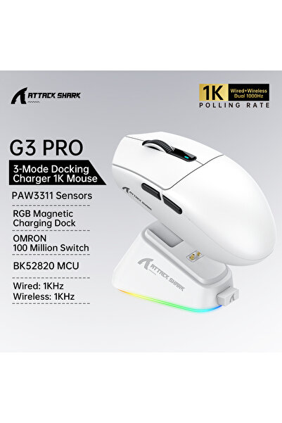 Choice1 ماوس الألعاب اللاسلكي G3PRO ATTACK SHARK G3PRO أبيض، بدقة 25000 نقطة ...