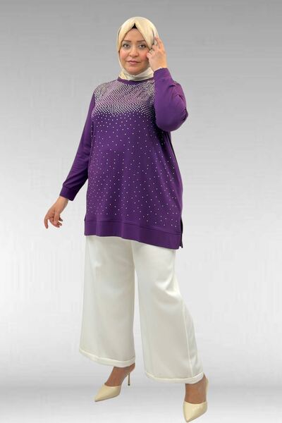 Eslina 68011 Plus Size Combed Cotton Tunic with Stone Detail on the Front - P...
