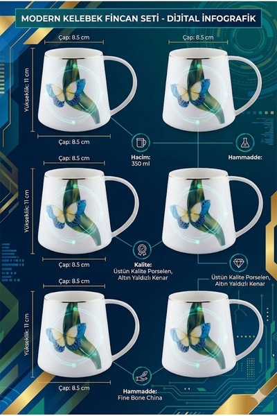 RİVO HOME DECOR The Mia Folium Blue Porcelain 340 Cc Set of 6