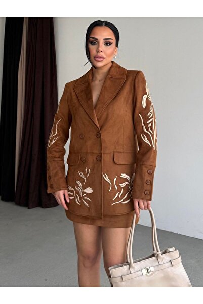 Tulipabutik Suede Suit with Skirt and Detailed Embroidery