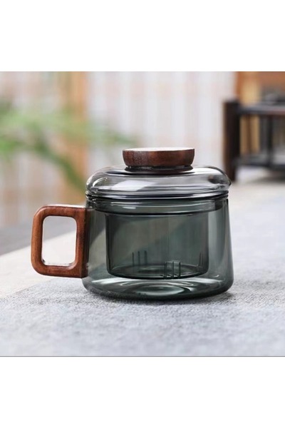 Choice Smoky Gray 200ml Glass Tea Cup with Filter and Wooden Handle High Boro...