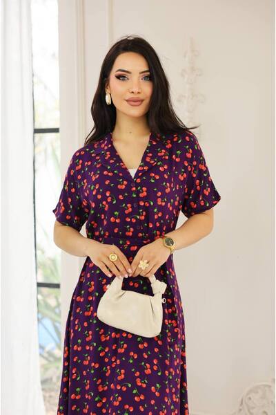 Cannes Oliya Kadın Kiraz Desenli Retro Model Bordo Elbise