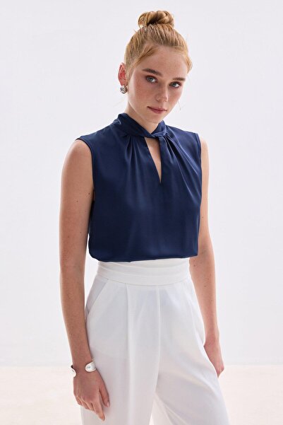 CKM MODA Satin Blouse with Sera Collar Detail in Navy Blue