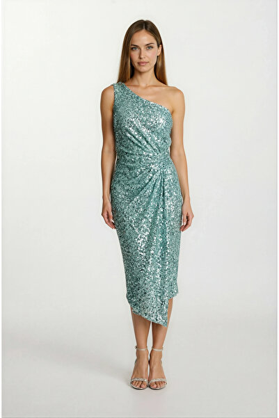 Spazio Delmo Tek Omuz Kayık Yaka Anvelop Pileli Kısa Abiye Elbise MİNT