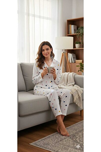 Asel Women's Buttoned Lycra Wrinkled Fabric Pajama Set