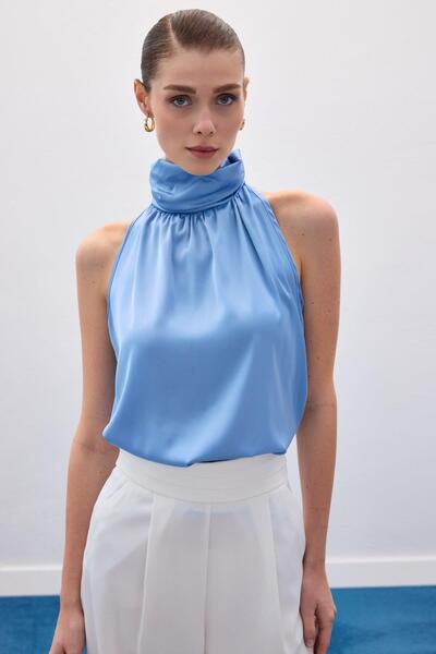 CKM MODA Zafira High Neck Sleeveless Satin Blouse Blue