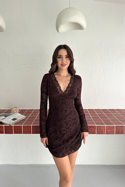 MİROR Flock Printed V-Neck Lace Detail Dress