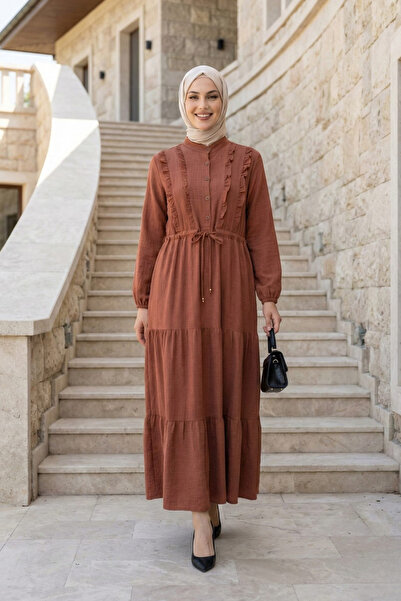 Hb Harma Time Butik Women's Ruffle Detailed Buttoned Linen Tan Dress