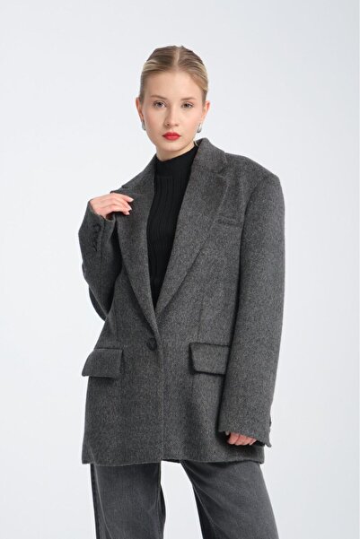 Özlem Yıldız Gri Oversize Yün Karışımlı Kaşe Ceket - Maskülen Kesim Kadın Blazer