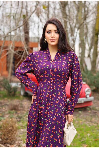 Cannes Jala Women's Long Sleeve Cherry Patterned V-Neck Burgundy Dress