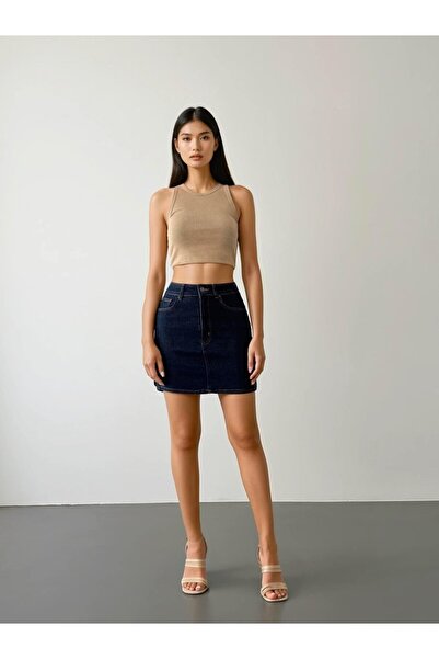 CKM MODA Navy fit denim mini skirt in blue