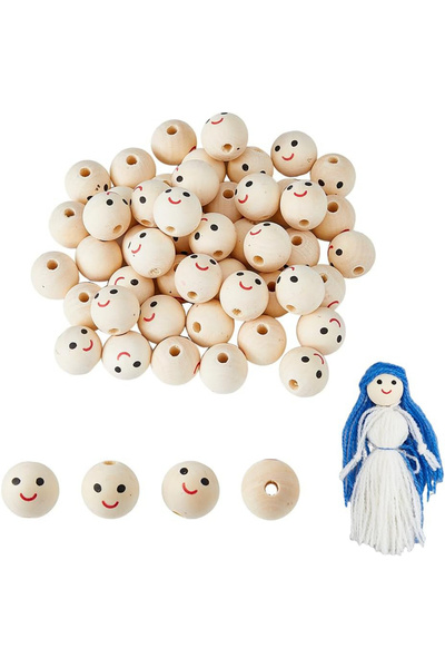 Choice ٥٠ قطعة من الخرز الخشبي الطبيعي، خرز خشبي مزين بوجه مبتسم، خرز فاصل لت...