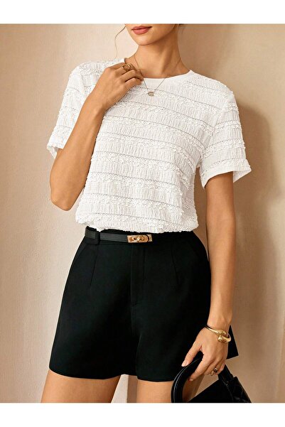 poswicon White Ruffle Fabric Short-Sleeve O-Neck T-Shirt