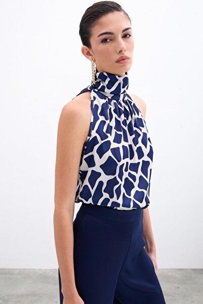 CKM MODA Zafira High Neck Sleeveless Satin Blouse Beige Navy Blue