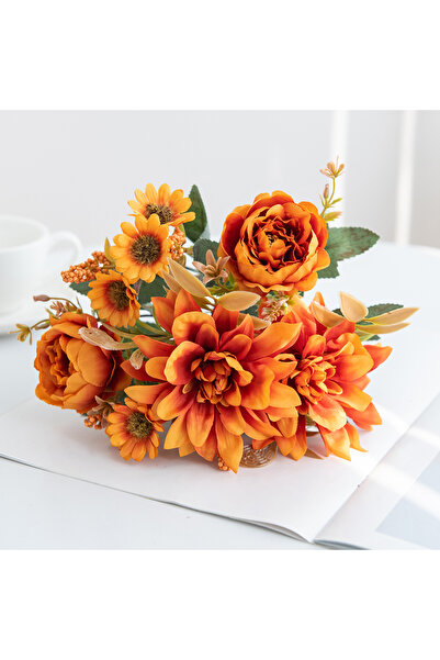 Choice زهور داليا وبيوني صناعية برتقالية اللون، قطعة واحدة، لتزيين المنزل وال...