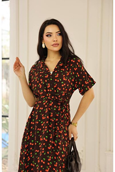 Cannes Oliya Kadın Kiraz Desenli Retro Model Kahverengi Elbise
