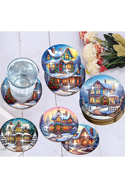 Choice BD012 8 pieces/set of Christmas-themed patterned wooden anti-slip coas...