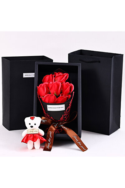 Choice red 7 Heads Rose Artificial Bouquet Little Bear Gift Box Valentine's D...