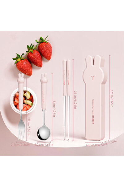 Choice1 4PCS Pink Rabbit 3/4PCS Fork Spoon Chopsticks Set With Box Cartoon Ra...