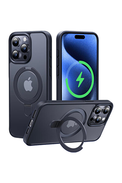 Choice14 جراب أسود شفاف مغناطيسي غلاف هاتف آيفون 15 بلس مع مسند حلقي