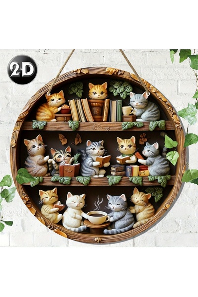 Choice MULTI 1 Piece of Classic Wooden Cat Reading Wall Art, 2D Round Vintage...